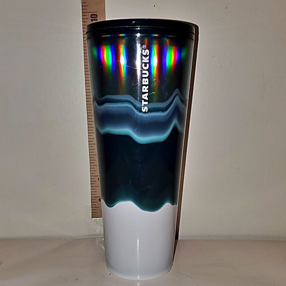 Starbucks 2021 Holiday Silver Dark Green White Wave Tumbler 24 oz - Picture 1 of 5